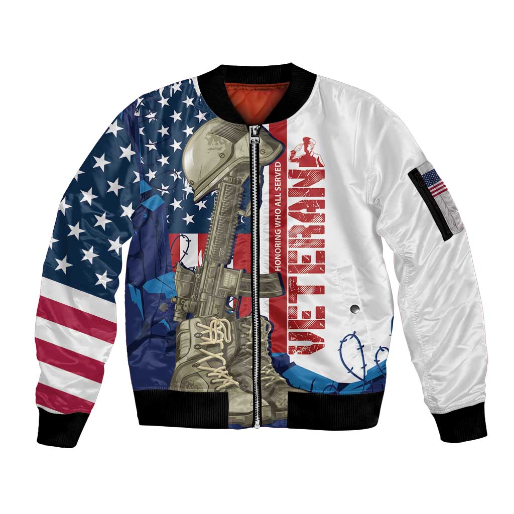 Happy Veterans Day Sleeve Zip Bomber Jacket Honoring All Who Served - Wonder Print Shop
