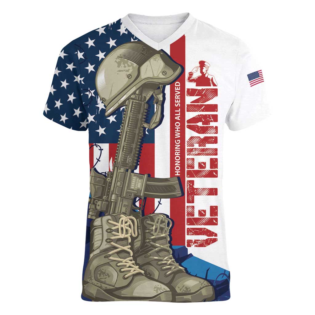 Happy Veterans Day Women V-Neck T-Shirt Honoring All Who Served - Wonder Print Shop