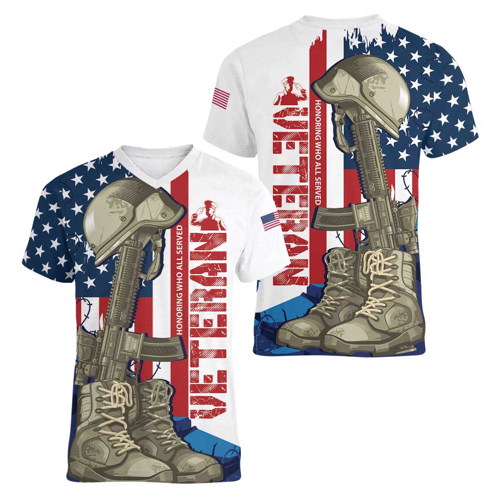Happy Veterans Day Women V-Neck T-Shirt Honoring All Who Served - Wonder Print Shop