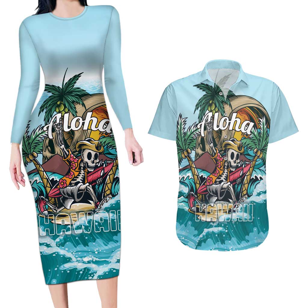 Personalized Aloha Hawaii Skeleton Couples Matching Long Sleeve Bodycon Dress and Hawaiian Shirt Tropical Summer Vibe - Wonder Print Shop