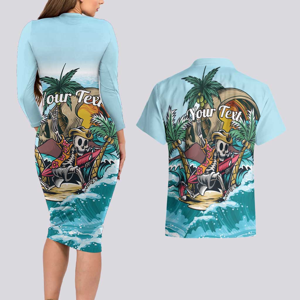 Personalized Aloha Hawaii Skeleton Couples Matching Long Sleeve Bodycon Dress and Hawaiian Shirt Tropical Summer Vibe - Wonder Print Shop