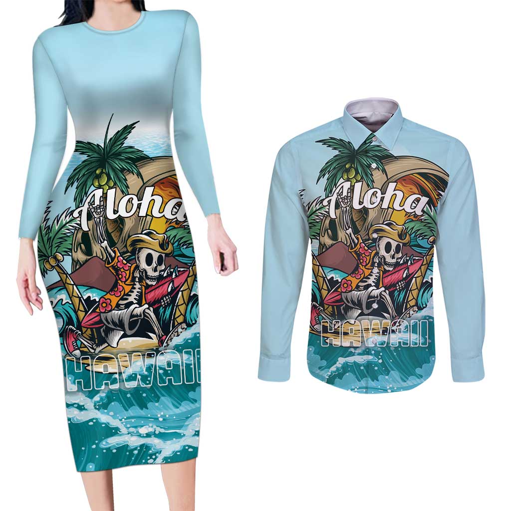 Personalized Aloha Hawaii Skeleton Couples Matching Long Sleeve Bodycon Dress and Long Sleeve Button Shirt Tropical Summer Vibe - Wonder Print Shop