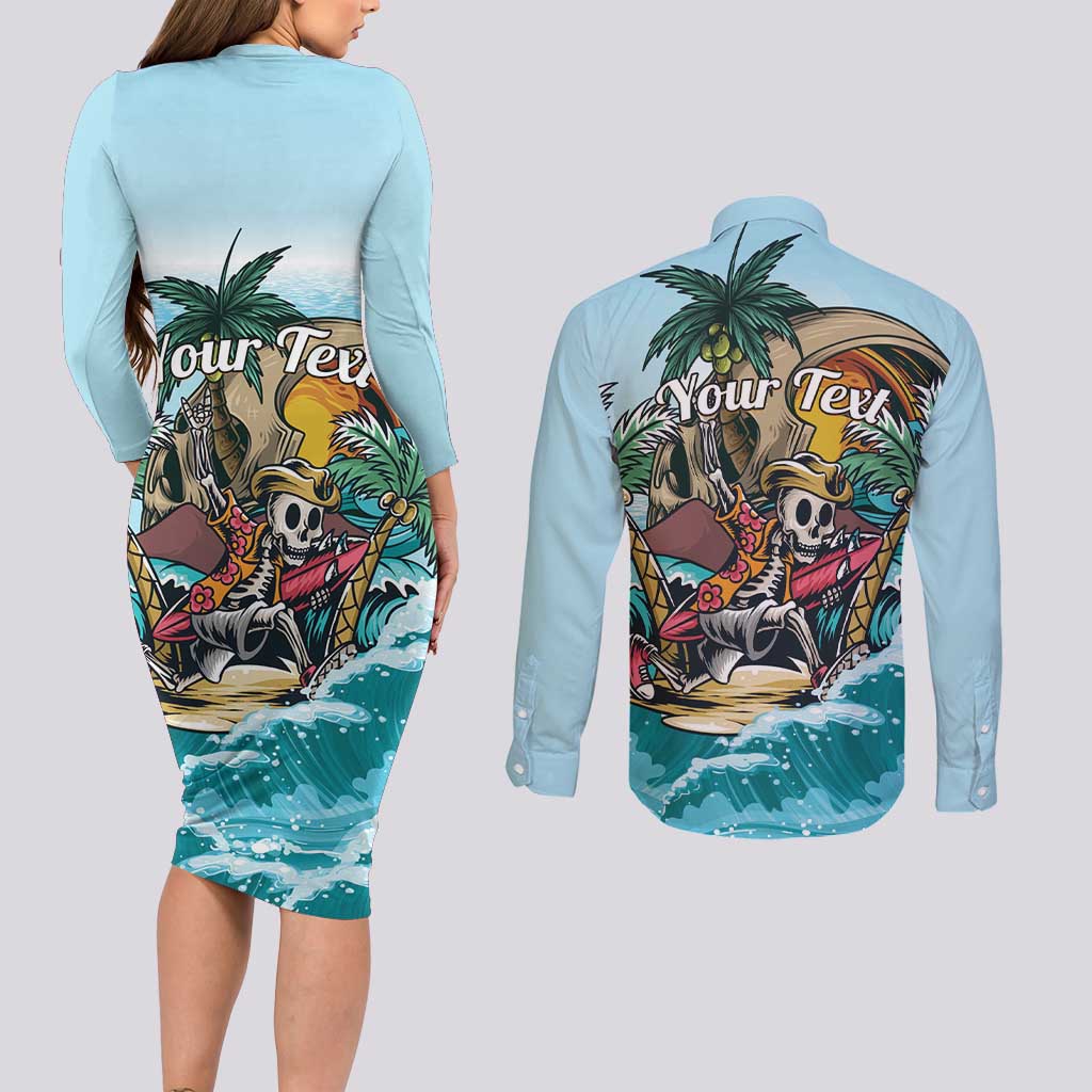 Personalized Aloha Hawaii Skeleton Couples Matching Long Sleeve Bodycon Dress and Long Sleeve Button Shirt Tropical Summer Vibe - Wonder Print Shop