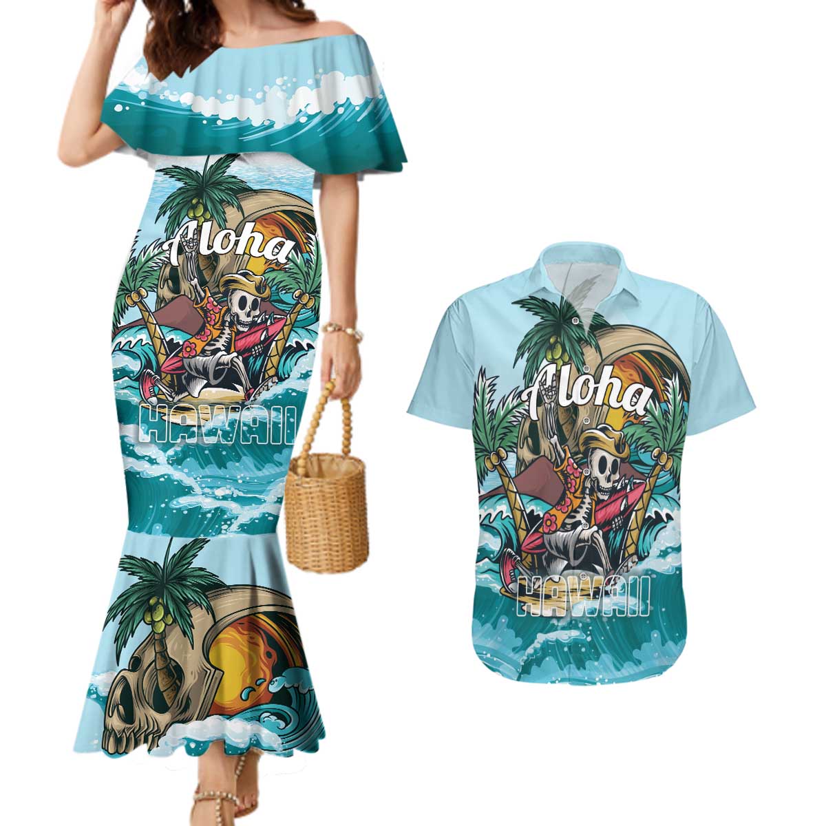 Personalized Aloha Hawaii Skeleton Couples Matching Mermaid Dress and Hawaiian Shirt Tropical Summer Vibe - Wonder Print Shop