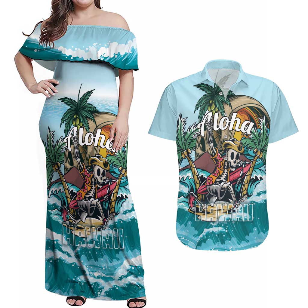 Personalized Aloha Hawaii Skeleton Couples Matching Off Shoulder Maxi Dress and Hawaiian Shirt Tropical Summer Vibe - Wonder Print Shop