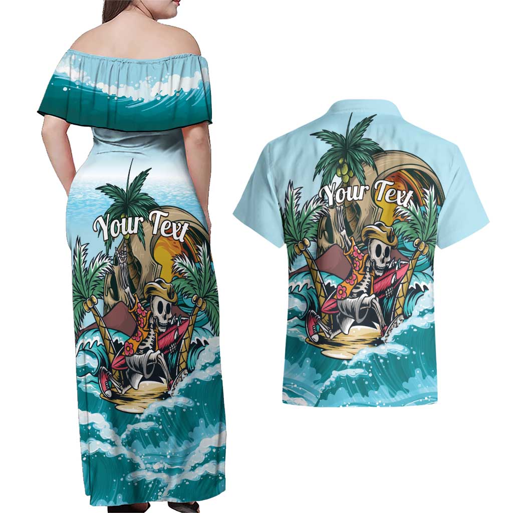 Personalized Aloha Hawaii Skeleton Couples Matching Off Shoulder Maxi Dress and Hawaiian Shirt Tropical Summer Vibe - Wonder Print Shop