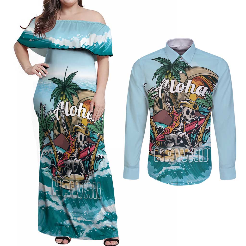 Personalized Aloha Hawaii Skeleton Couples Matching Off Shoulder Maxi Dress and Long Sleeve Button Shirt Tropical Summer Vibe - Wonder Print Shop