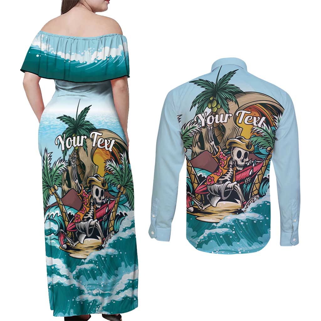 Personalized Aloha Hawaii Skeleton Couples Matching Off Shoulder Maxi Dress and Long Sleeve Button Shirt Tropical Summer Vibe - Wonder Print Shop
