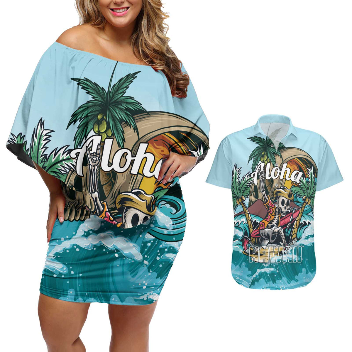 Personalized Aloha Hawaii Skeleton Couples Matching Off Shoulder Short Dress and Hawaiian Shirt Tropical Summer Vibe - Wonder Print Shop