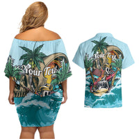 Personalized Aloha Hawaii Skeleton Couples Matching Off Shoulder Short Dress and Hawaiian Shirt Tropical Summer Vibe - Wonder Print Shop