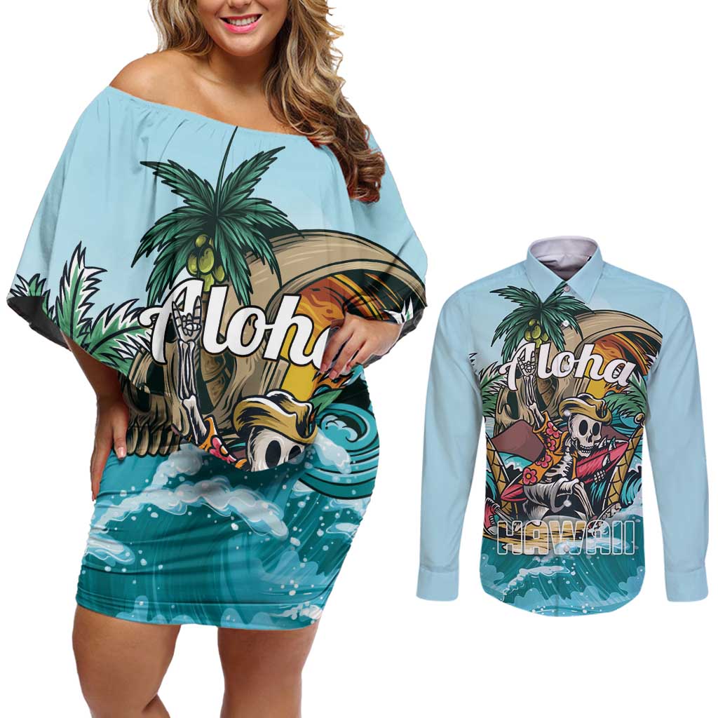Personalized Aloha Hawaii Skeleton Couples Matching Off Shoulder Short Dress and Long Sleeve Button Shirt Tropical Summer Vibe - Wonder Print Shop