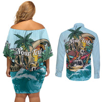 Personalized Aloha Hawaii Skeleton Couples Matching Off Shoulder Short Dress and Long Sleeve Button Shirt Tropical Summer Vibe - Wonder Print Shop