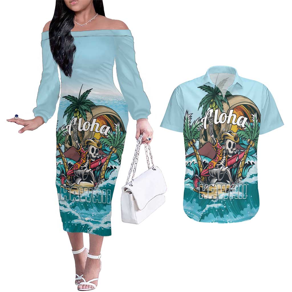 Personalized Aloha Hawaii Skeleton Couples Matching Off The Shoulder Long Sleeve Dress and Hawaiian Shirt Tropical Summer Vibe - Wonder Print Shop