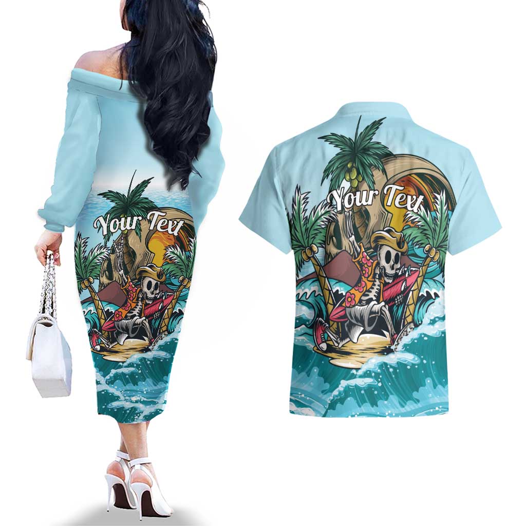 Personalized Aloha Hawaii Skeleton Couples Matching Off The Shoulder Long Sleeve Dress and Hawaiian Shirt Tropical Summer Vibe - Wonder Print Shop