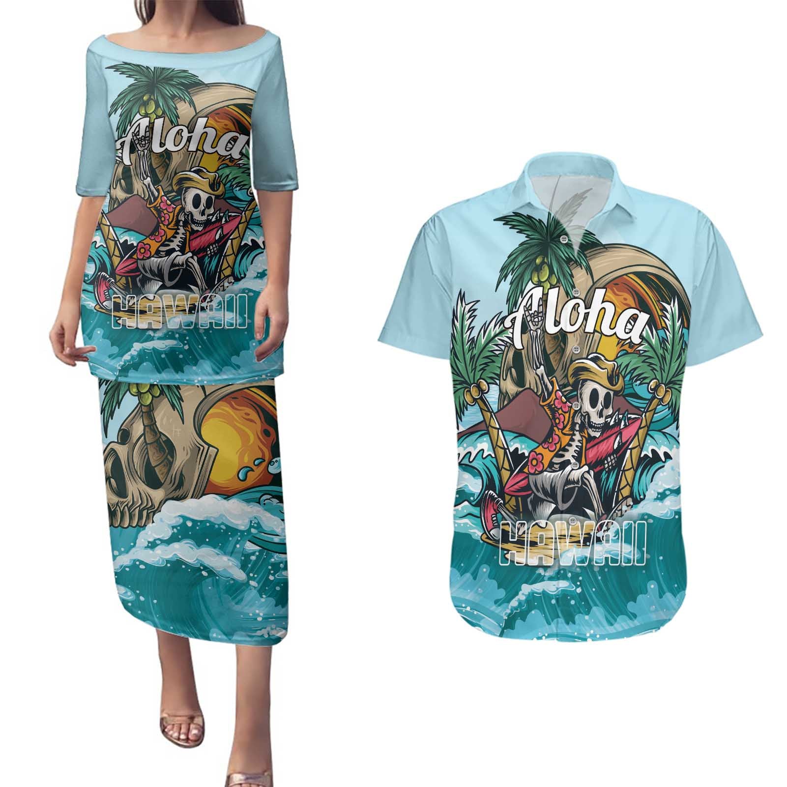 Personalized Aloha Hawaii Skeleton Couples Matching Puletasi and Hawaiian Shirt Tropical Summer Vibe - Wonder Print Shop