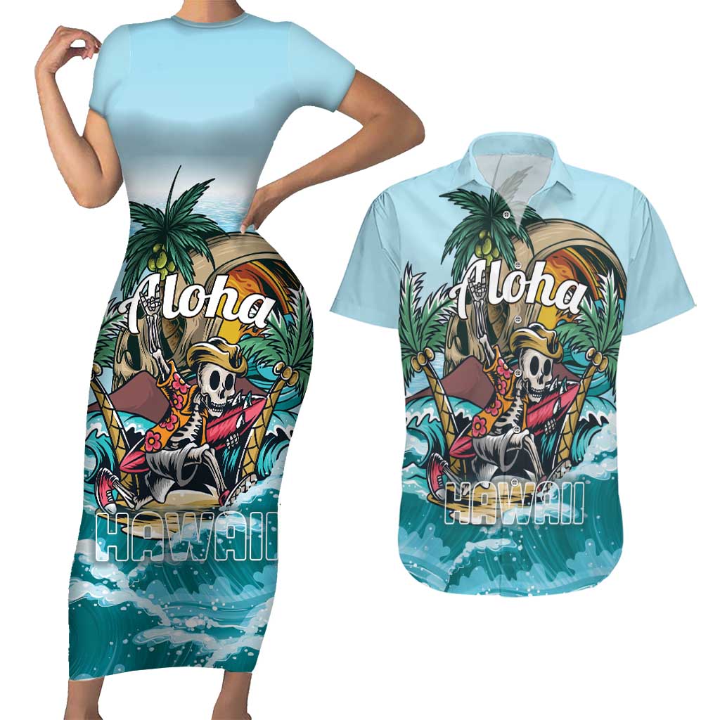 Personalized Aloha Hawaii Skeleton Couples Matching Short Sleeve Bodycon Dress and Hawaiian Shirt Tropical Summer Vibe - Wonder Print Shop
