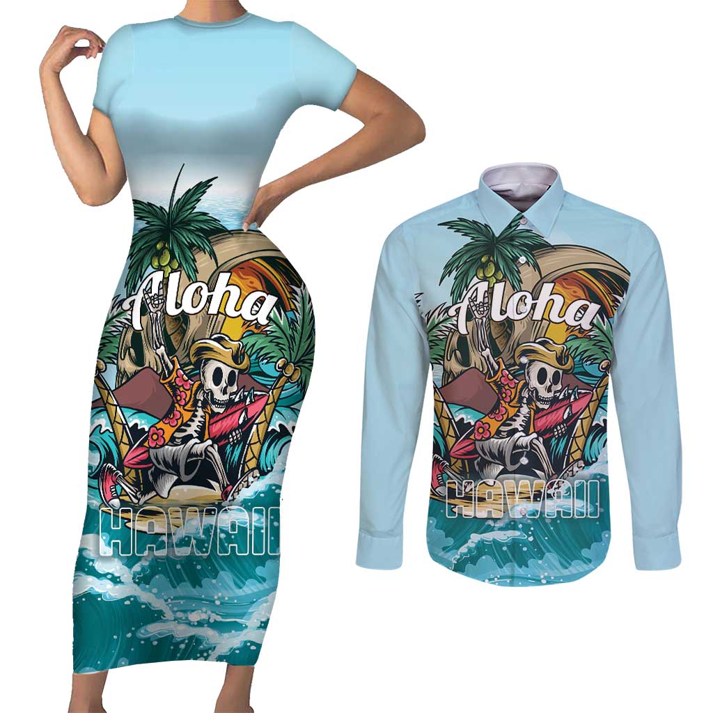 Personalized Aloha Hawaii Skeleton Couples Matching Short Sleeve Bodycon Dress and Long Sleeve Button Shirt Tropical Summer Vibe - Wonder Print Shop