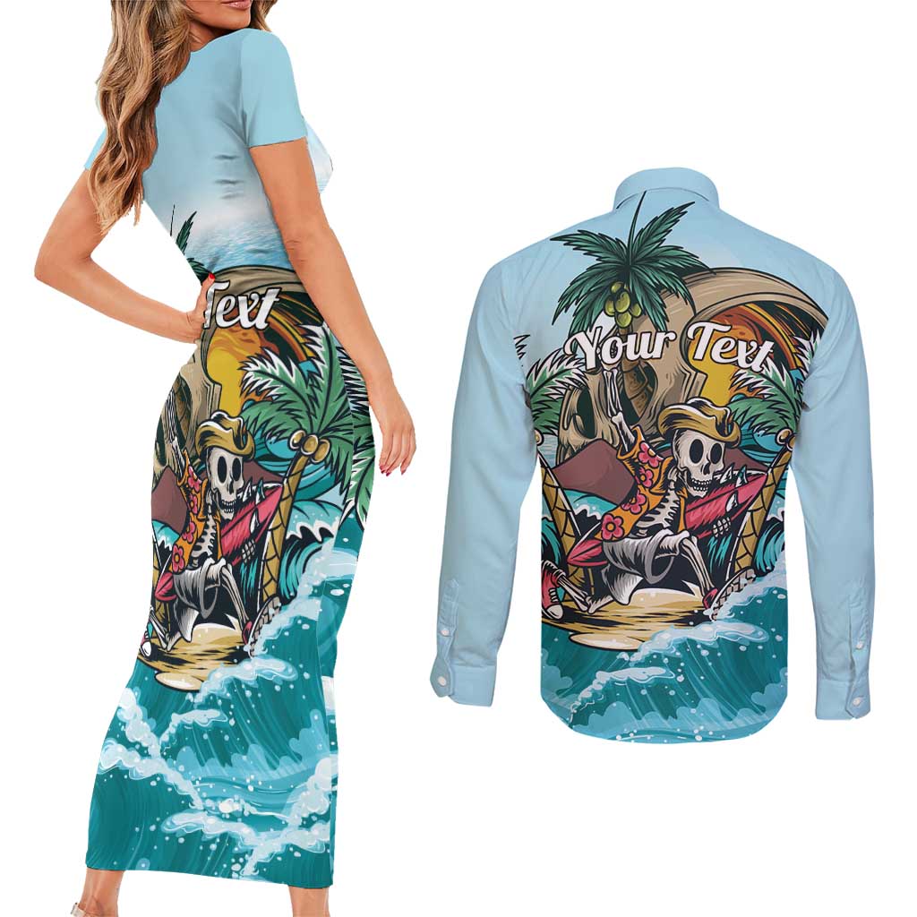 Personalized Aloha Hawaii Skeleton Couples Matching Short Sleeve Bodycon Dress and Long Sleeve Button Shirt Tropical Summer Vibe - Wonder Print Shop