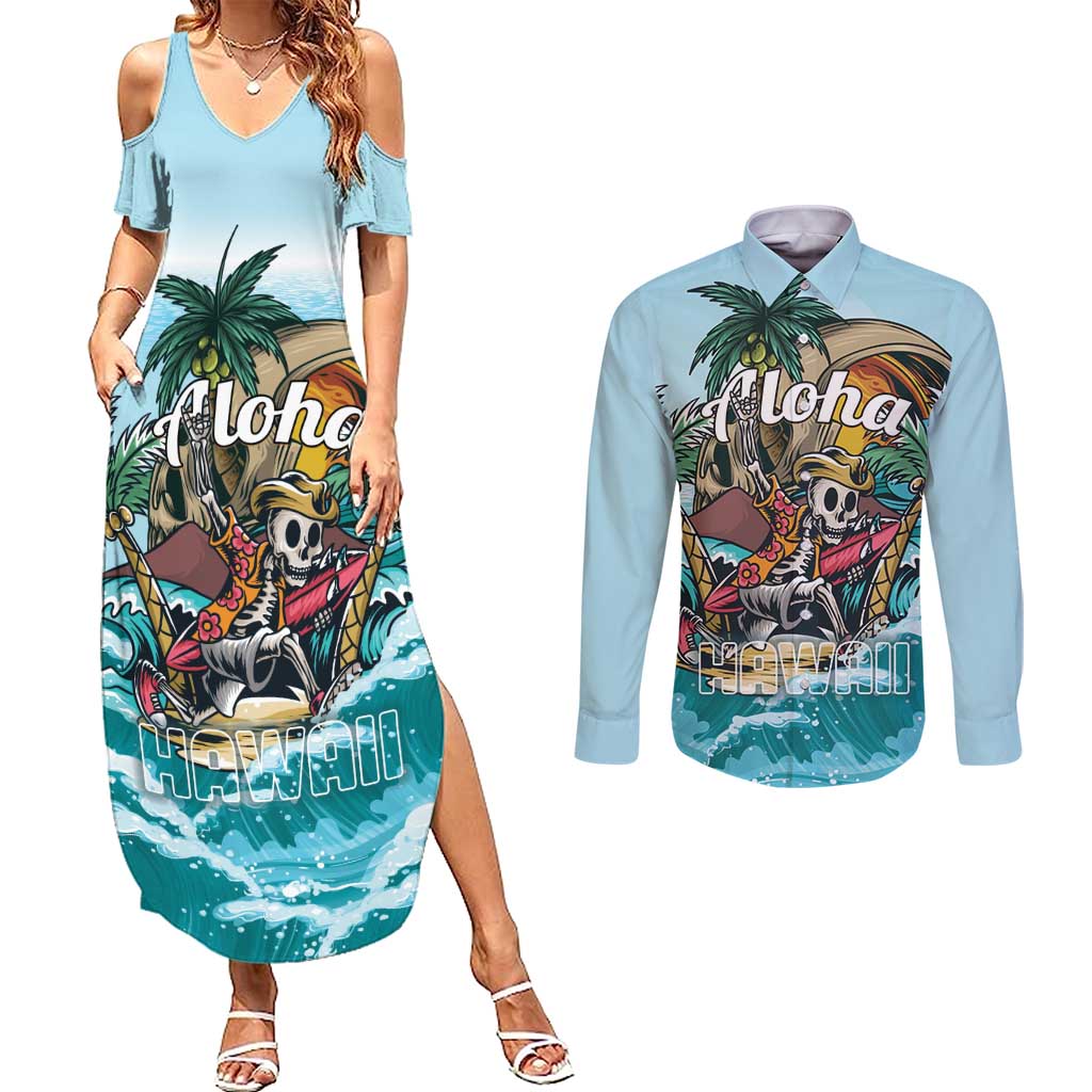 Personalized Aloha Hawaii Skeleton Couples Matching Summer Maxi Dress and Long Sleeve Button Shirt Tropical Summer Vibe - Wonder Print Shop