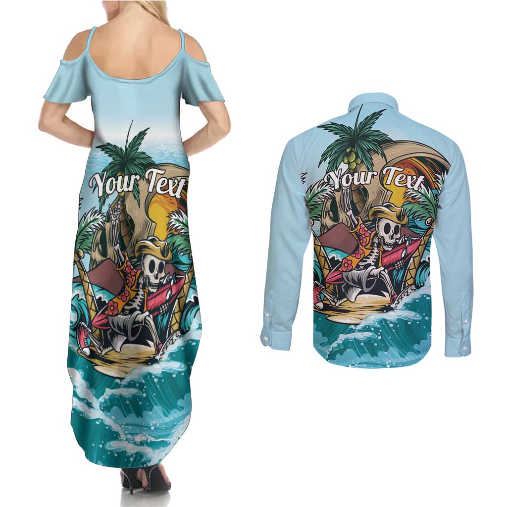 Personalized Aloha Hawaii Skeleton Couples Matching Summer Maxi Dress and Long Sleeve Button Shirt Tropical Summer Vibe - Wonder Print Shop