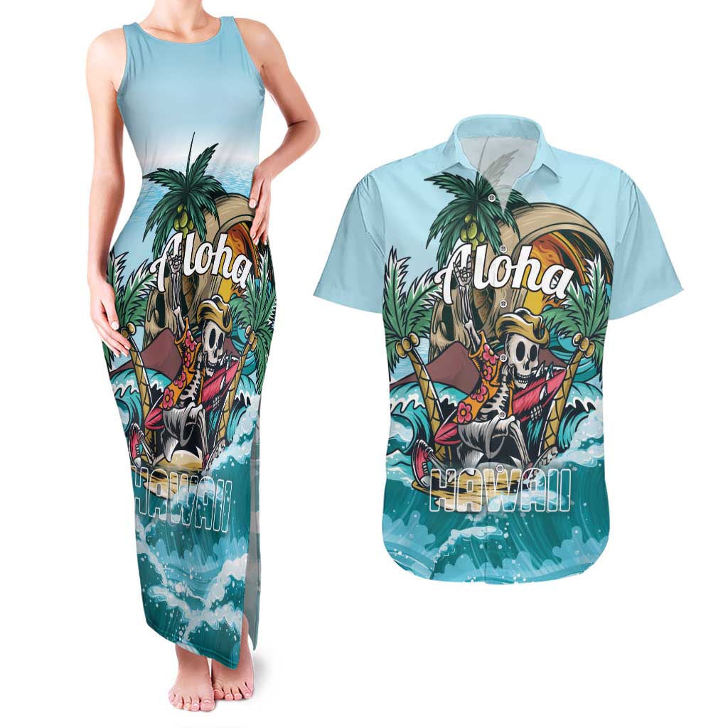 Personalized Aloha Hawaii Skeleton Couples Matching Tank Maxi Dress and Hawaiian Shirt Tropical Summer Vibe - Wonder Print Shop