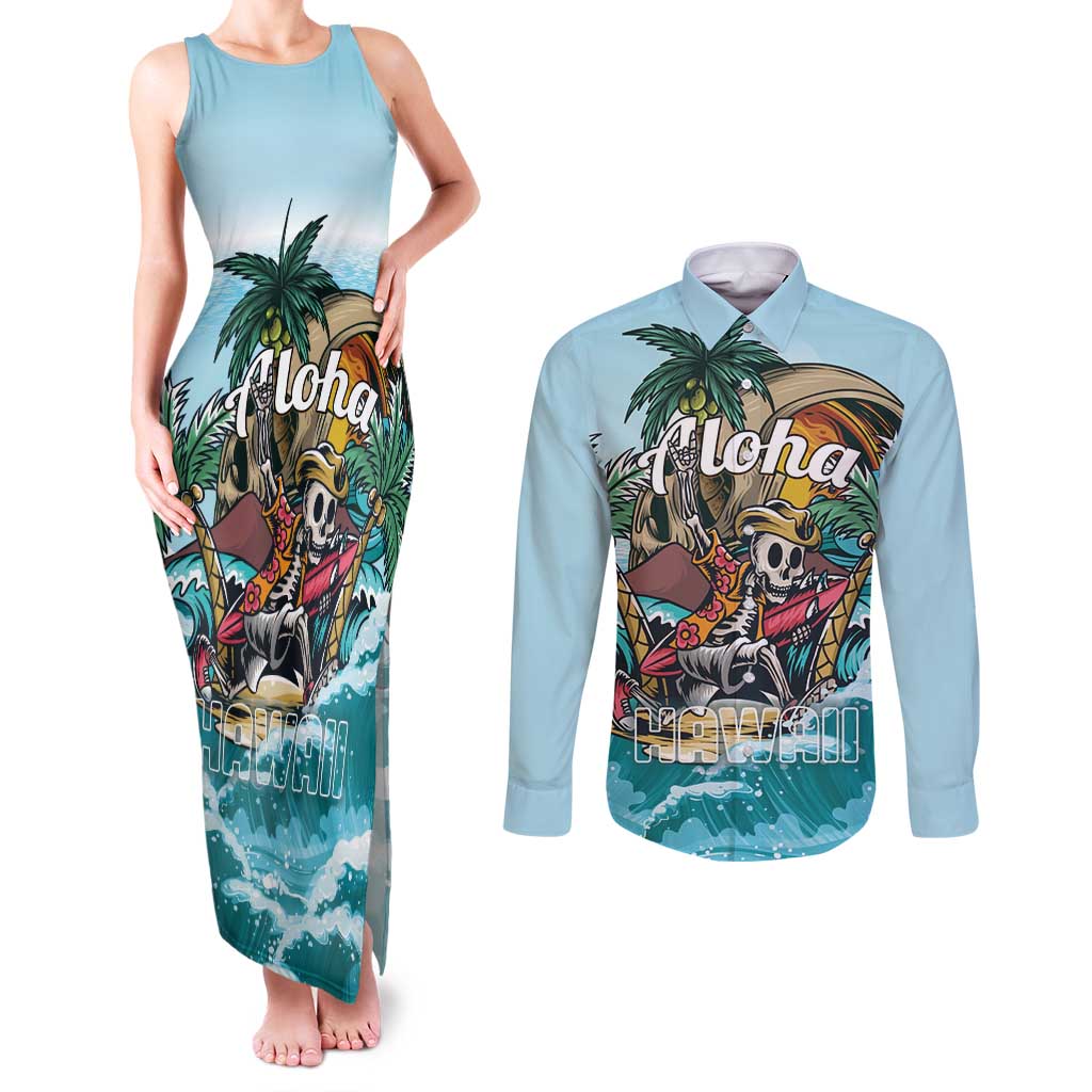 Personalized Aloha Hawaii Skeleton Couples Matching Tank Maxi Dress and Long Sleeve Button Shirt Tropical Summer Vibe - Wonder Print Shop