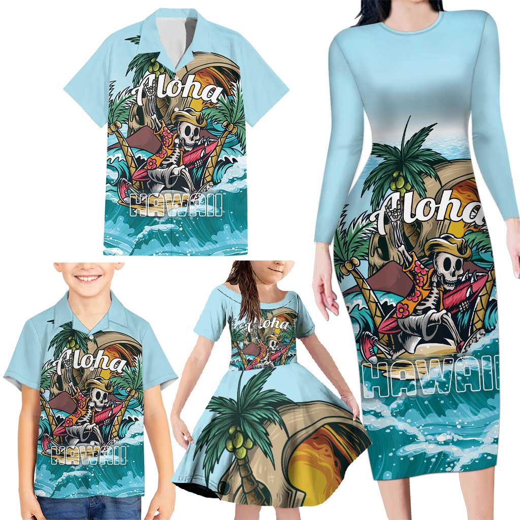 Personalized Aloha Hawaii Skeleton Family Matching Long Sleeve Bodycon Dress and Hawaiian Shirt Tropical Summer Vibe - Wonder Print Shop