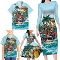 Personalized Aloha Hawaii Skeleton Family Matching Long Sleeve Bodycon Dress and Hawaiian Shirt Tropical Summer Vibe - Wonder Print Shop