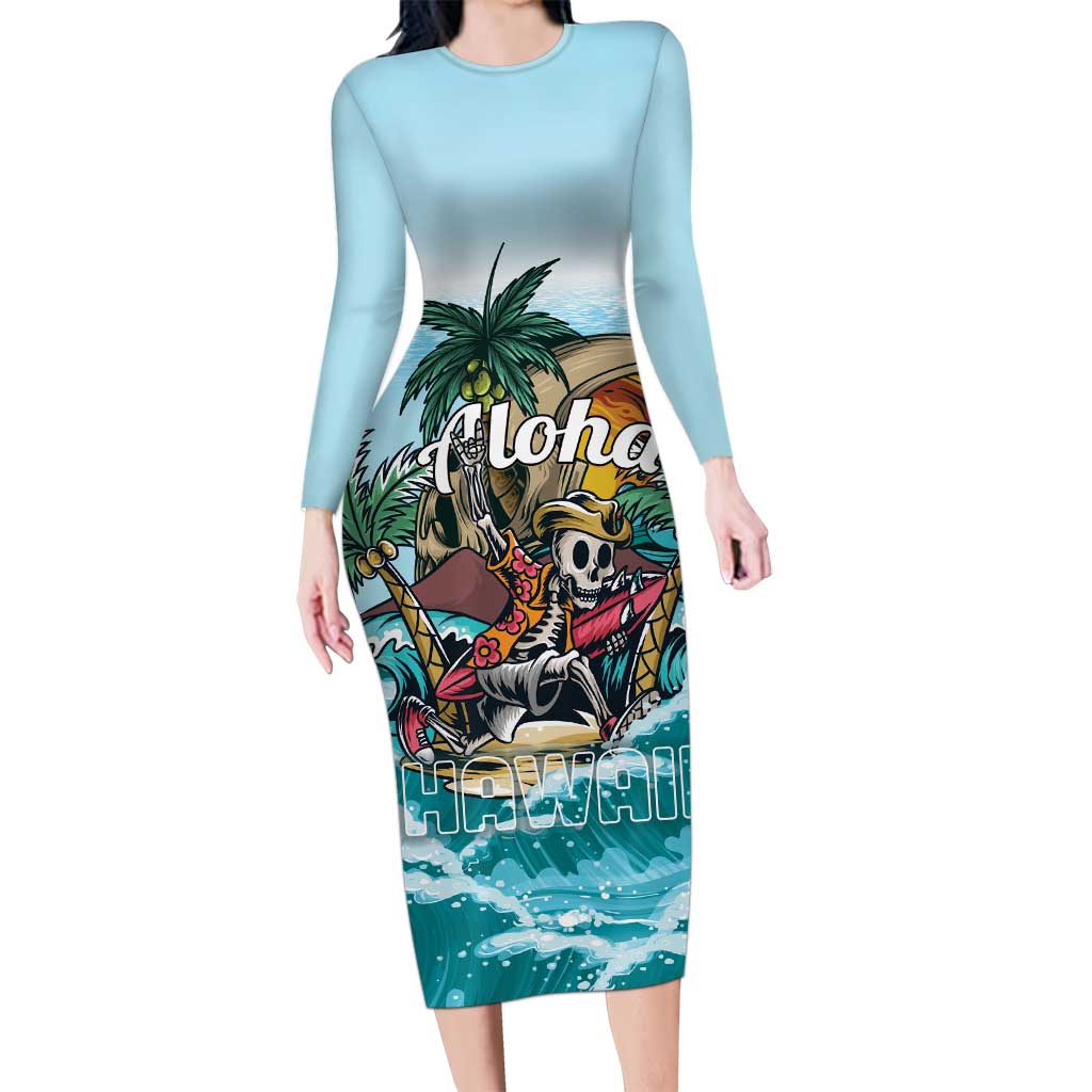 Personalized Aloha Hawaii Skeleton Family Matching Long Sleeve Bodycon Dress and Hawaiian Shirt Tropical Summer Vibe - Wonder Print Shop