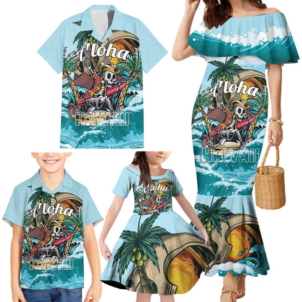 Personalized Aloha Hawaii Skeleton Family Matching Mermaid Dress and Hawaiian Shirt Tropical Summer Vibe - Wonder Print Shop