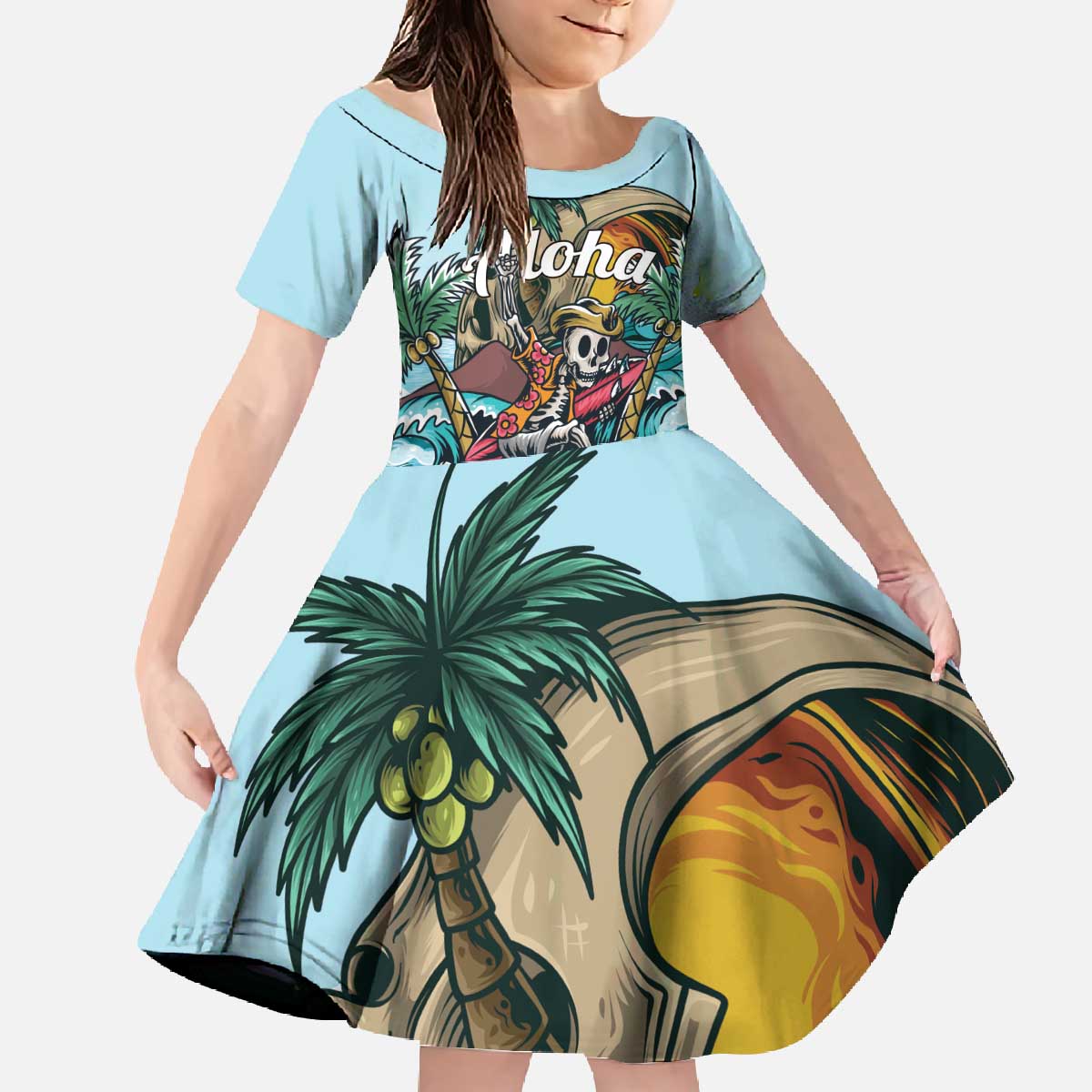 Personalized Aloha Hawaii Skeleton Family Matching Off The Shoulder Long Sleeve Dress and Hawaiian Shirt Tropical Summer Vibe - Wonder Print Shop