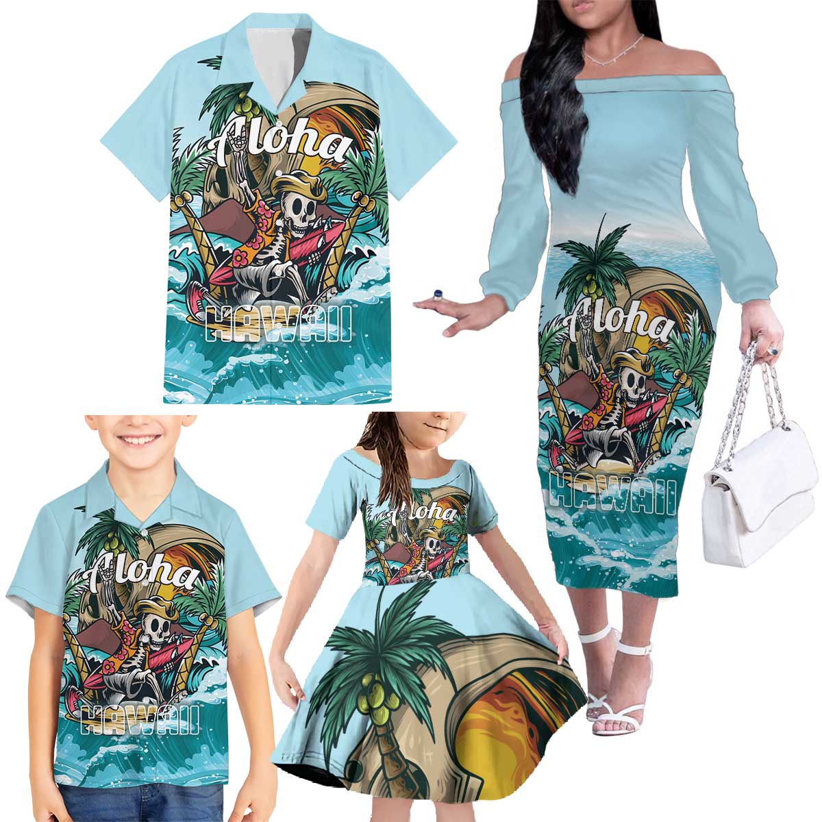 Personalized Aloha Hawaii Skeleton Family Matching Off The Shoulder Long Sleeve Dress and Hawaiian Shirt Tropical Summer Vibe - Wonder Print Shop