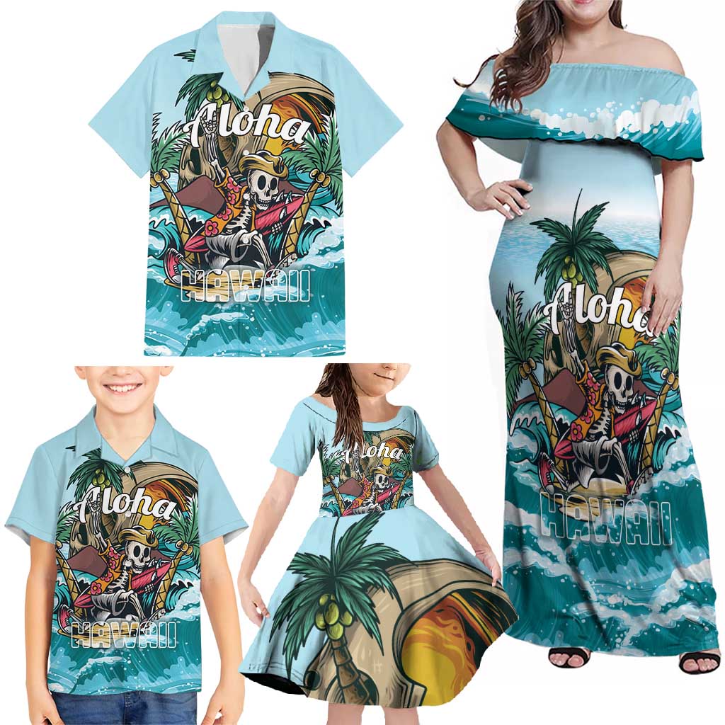 Personalized Aloha Hawaii Skeleton Family Matching Off Shoulder Maxi Dress and Hawaiian Shirt Tropical Summer Vibe - Wonder Print Shop