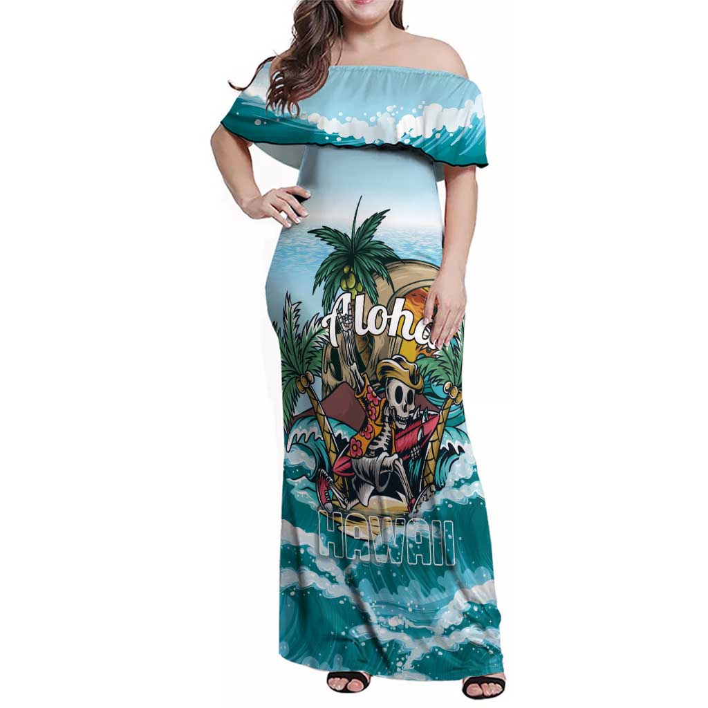 Personalized Aloha Hawaii Skeleton Family Matching Off Shoulder Maxi Dress and Hawaiian Shirt Tropical Summer Vibe - Wonder Print Shop