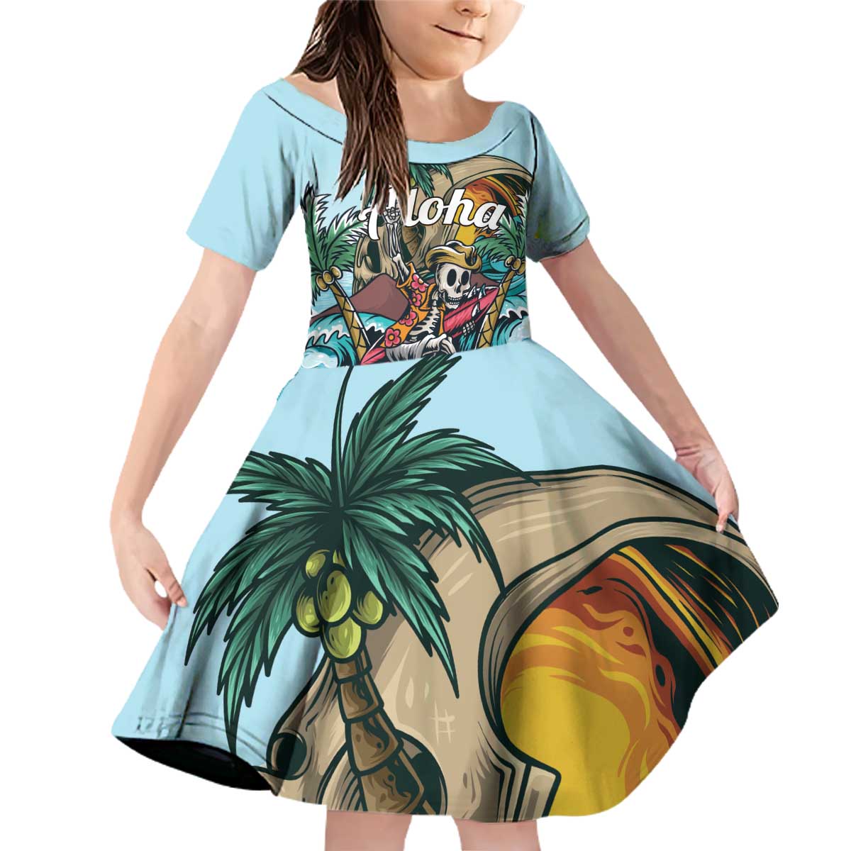 Personalized Aloha Hawaii Skeleton Family Matching Off Shoulder Short Dress and Hawaiian Shirt Tropical Summer Vibe - Wonder Print Shop