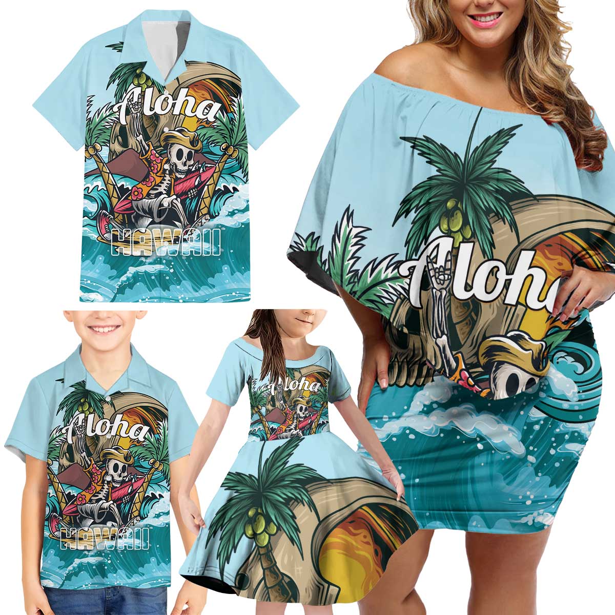 Personalized Aloha Hawaii Skeleton Family Matching Off Shoulder Short Dress and Hawaiian Shirt Tropical Summer Vibe - Wonder Print Shop