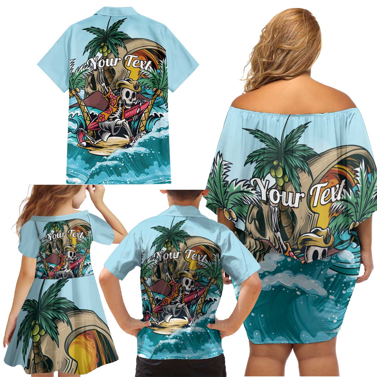 Personalized Aloha Hawaii Skeleton Family Matching Off Shoulder Short Dress and Hawaiian Shirt Tropical Summer Vibe - Wonder Print Shop