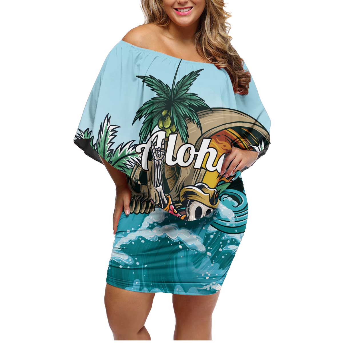 Personalized Aloha Hawaii Skeleton Family Matching Off Shoulder Short Dress and Hawaiian Shirt Tropical Summer Vibe - Wonder Print Shop