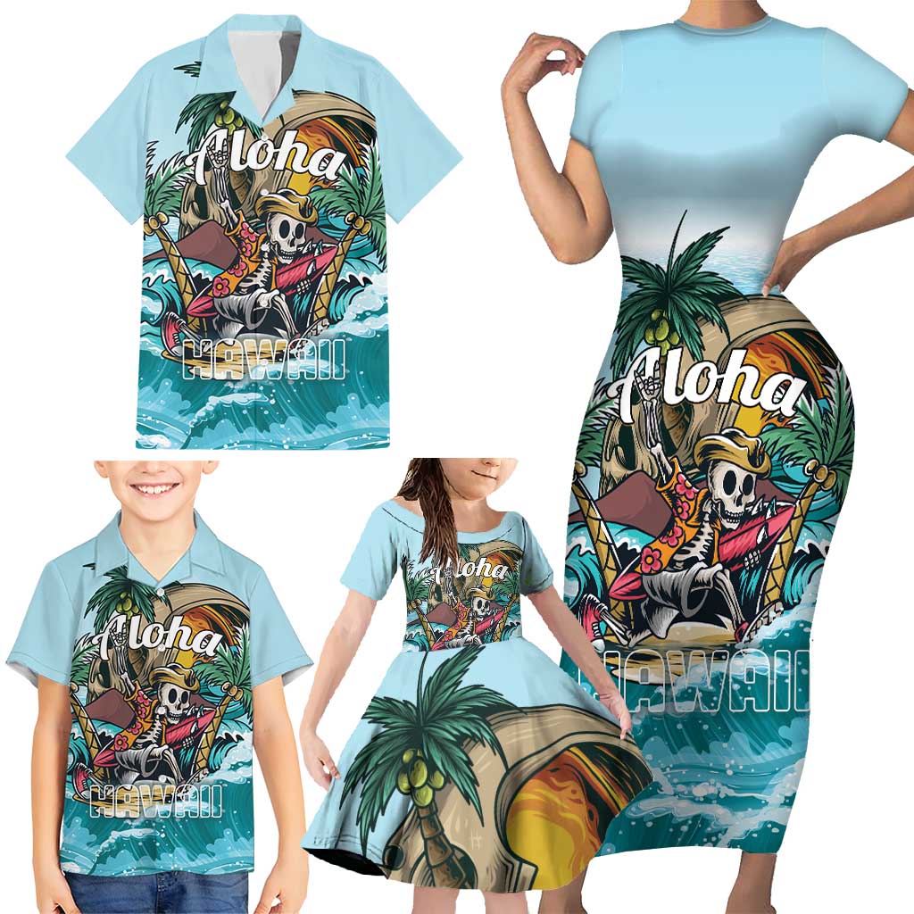 Personalized Aloha Hawaii Skeleton Family Matching Short Sleeve Bodycon Dress and Hawaiian Shirt Tropical Summer Vibe - Wonder Print Shop
