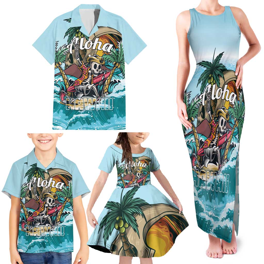 Personalized Aloha Hawaii Skeleton Family Matching Tank Maxi Dress and Hawaiian Shirt Tropical Summer Vibe - Wonder Print Shop