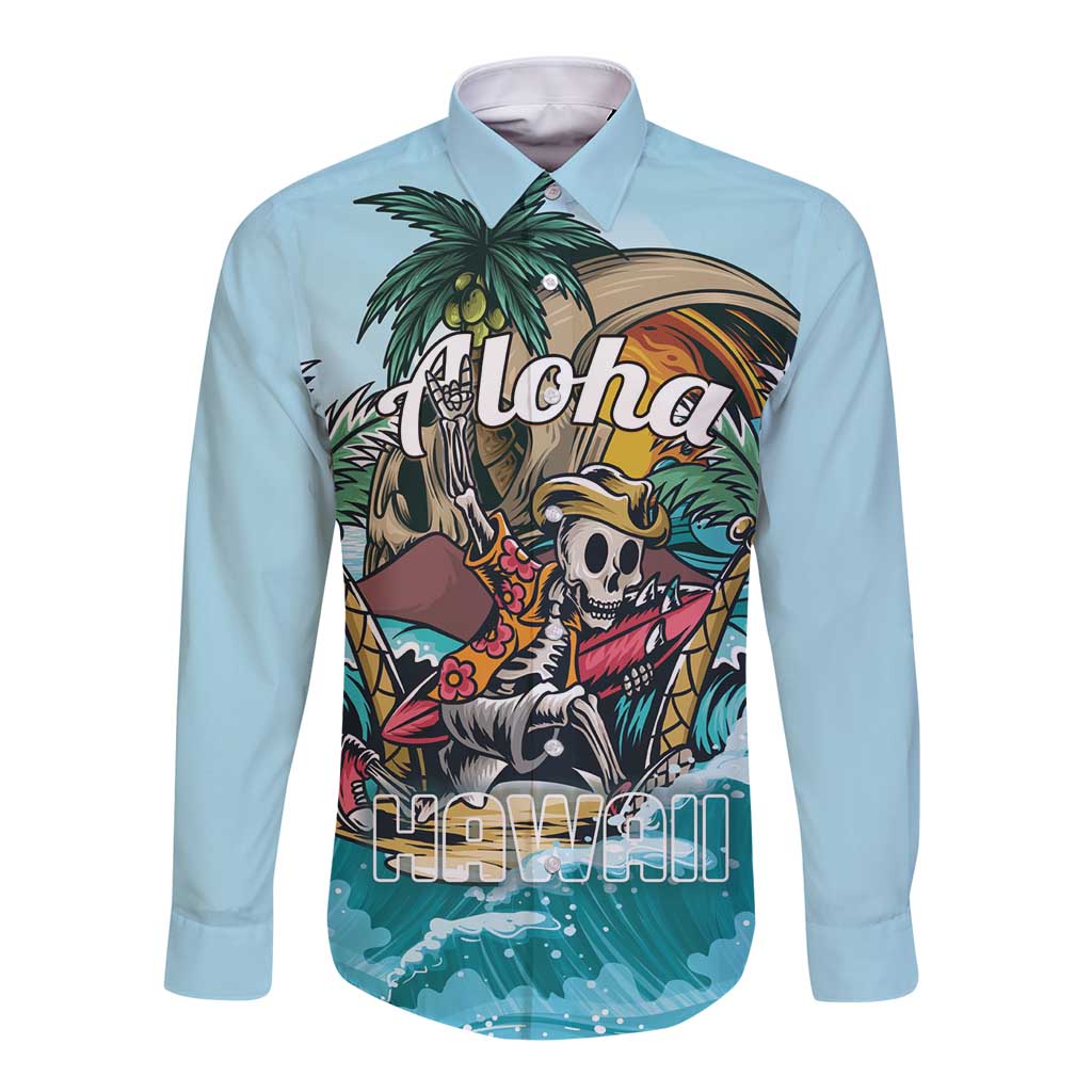 Personalized Aloha Hawaii Skeleton Long Sleeve Button Shirt Tropical Summer Vibe - Wonder Print Shop