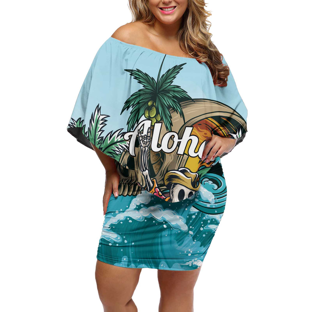 Personalized Aloha Hawaii Skeleton Off Shoulder Short Dress Tropical Summer Vibe - Wonder Print Shop