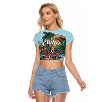 Personalized Aloha Hawaii Skeleton Raglan Cropped T Shirt Tropical Summer Vibe - Wonder Print Shop