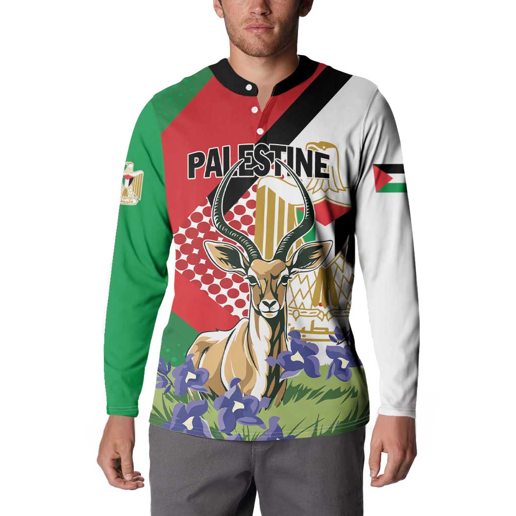 Personalized Palestine Button Sweatshirt Mountain Gazelle With Faqqua Iris - Wonder Print Shop