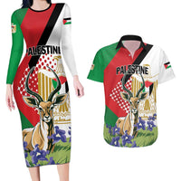 Personalized Palestine Couples Matching Long Sleeve Bodycon Dress and Hawaiian Shirt Mountain Gazelle With Faqqua Iris - Wonder Print Shop