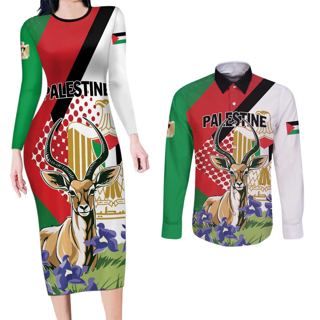 Personalized Palestine Couples Matching Long Sleeve Bodycon Dress and Long Sleeve Button Shirt Mountain Gazelle With Faqqua Iris - Wonder Print Shop