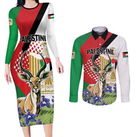 Personalized Palestine Couples Matching Long Sleeve Bodycon Dress and Long Sleeve Button Shirt Mountain Gazelle With Faqqua Iris - Wonder Print Shop