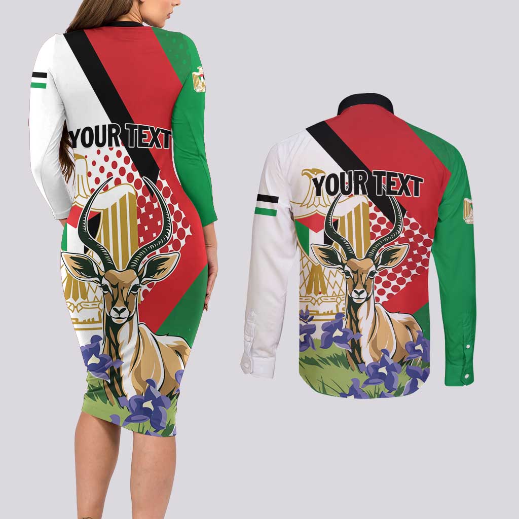 Personalized Palestine Couples Matching Long Sleeve Bodycon Dress and Long Sleeve Button Shirt Mountain Gazelle With Faqqua Iris - Wonder Print Shop