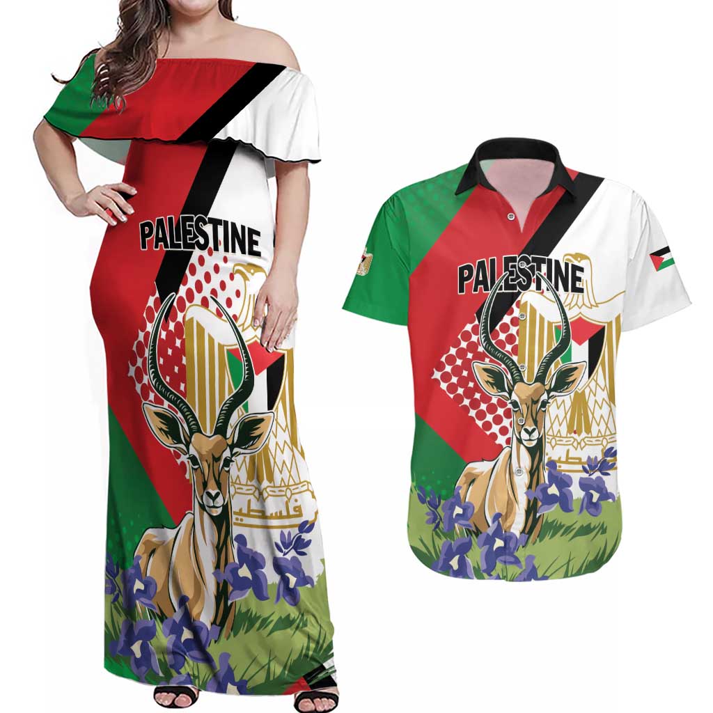 Personalized Palestine Couples Matching Off Shoulder Maxi Dress and Hawaiian Shirt Mountain Gazelle With Faqqua Iris - Wonder Print Shop