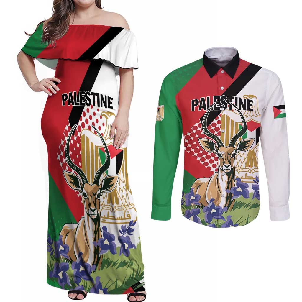 Personalized Palestine Couples Matching Off Shoulder Maxi Dress and Long Sleeve Button Shirt Mountain Gazelle With Faqqua Iris - Wonder Print Shop
